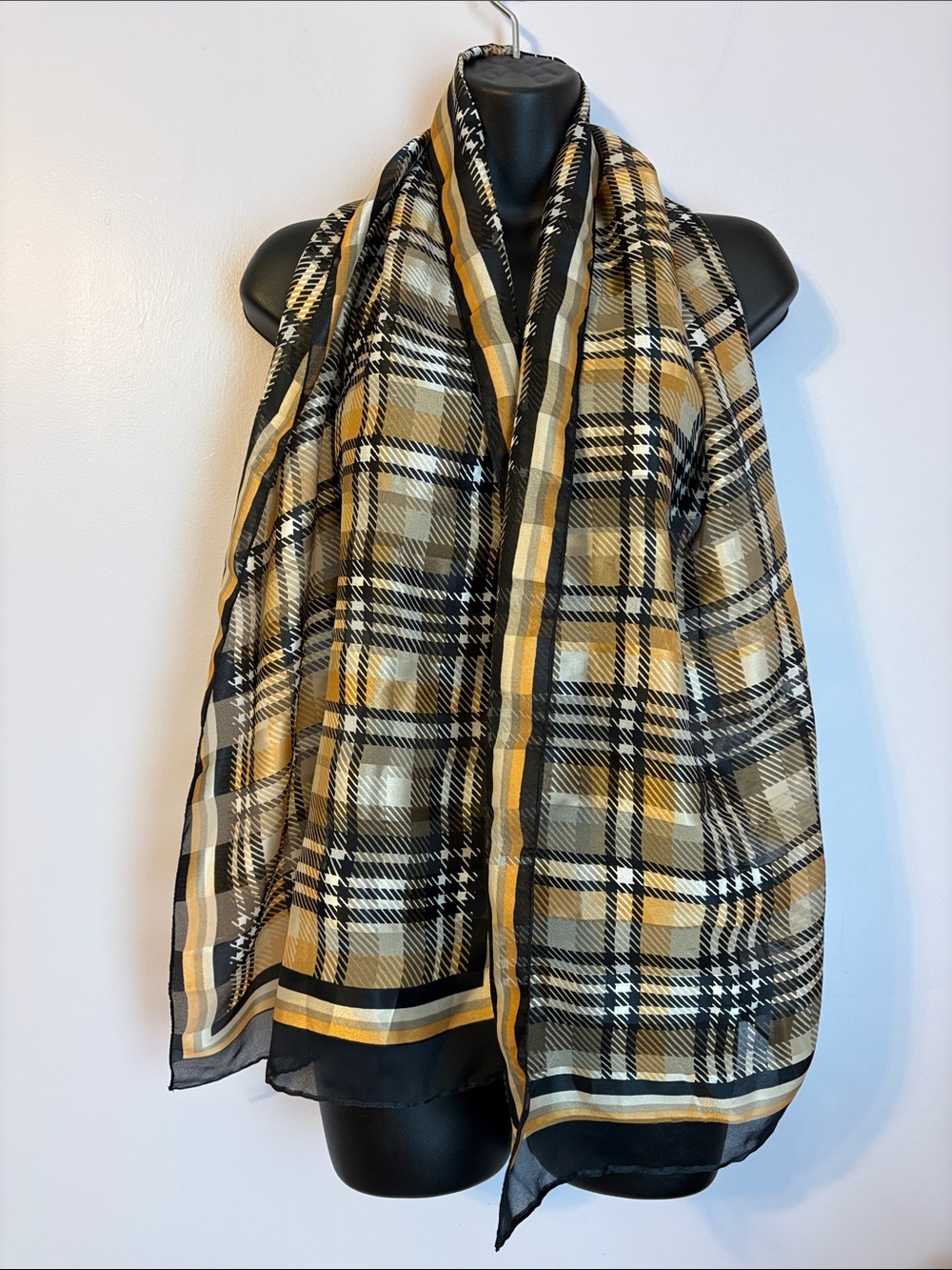 Morgan Taylor Black Yellow Tan White Plaid Made in Italy Scarf Wrap Shawl